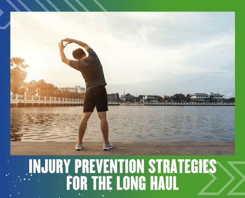 A person stretching by a waterfront at sunrise or sunset, with the text “Injury Prevention Strategies for the Long Haul” in bold white letters at the bottom, highlighting effective injury prevention strategies for lifelong wellness. Austin Marathon Half Marathon & 5K