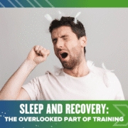 A man yawning with eyes closed and feather pieces in his hair, wearing a white t-shirt. The image is bordered by green and blue with the text: "Sleep and Recovery: The Overlooked Part of Training." Perfect rest boosts your training. Austin Marathon Half Marathon & 5K