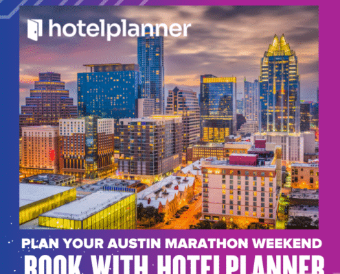 A vibrant cityscape of downtown Austin at sunset with skyscrapers lit up; overlaid text reads "Plan your Austin Marathon weekend—discover why book with HotelPlanner." HotelPlanner logo appears at the top. Austin Marathon Half Marathon & 5K