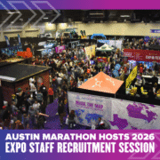 A crowded indoor expo hall with colorful booths and banners. People walk around, interacting. Text over the image reads: “Austin Marathon Hosts 2026 Expo Staff Recruitment Session.” Join the recruitment session for the 2026 Expo staff!. Austin Marathon Half Marathon & 5K