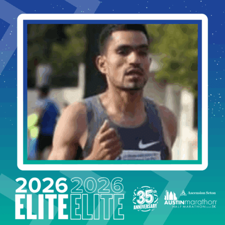 A male runner in a gray athletic tank top is mid-stride during the 2026 Elite Group race. The image is framed by a teal border with text reading