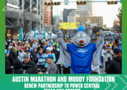 A person in a gray bat mascot costume stands with arms raised among Austin Marathon runners at a city event. Text highlights a partnership with Moody Foundation to benefit Central Texas Non-Profits. Austin Marathon Half Marathon & 5K