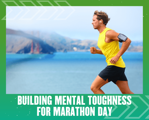 A man in a yellow sleeveless shirt runs outdoors near water with mountains behind him. Text at the bottom reads, "Building mental toughness for marathon day. Austin Marathon Half Marathon & 5K