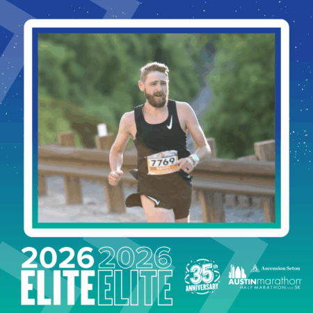 A male runner in a black Nike outfit with bib 7769 runs outdoors, promoting the 2026 Austin Marathon’s 35th anniversary.