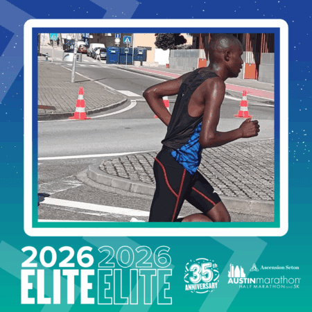 A male runner in athletic gear is racing on a city street. The image features a border with text: