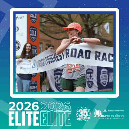 A smiling runner in green shorts and an orange cap breaks through the finish tape at a race. Spectators and banners are in the background. Text reads