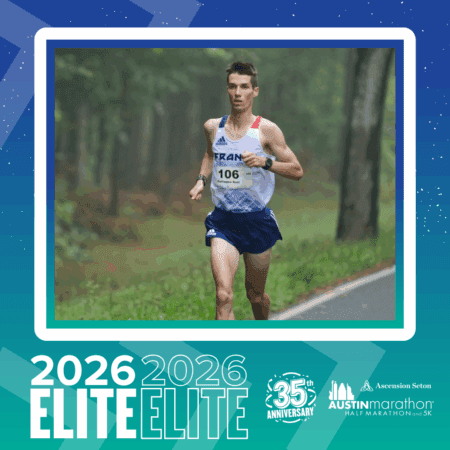 A male runner in a race bib numbered 106 runs on a road surrounded by greenery. Text reads