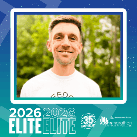 A smiling man stands outdoors in front of green trees. The graphic border reads