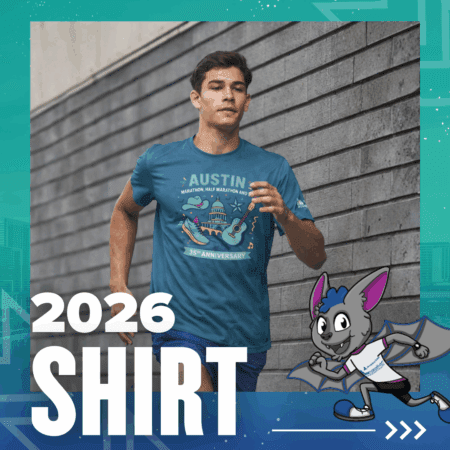 A young man runs outdoors wearing a blue 2026 Austin Marathon shirt from the Austin Marathon expo 2026. The shirt features a city skyline, guitar, and mascot bat, with bold text marking the 35th anniversary’s "2026 SHIRT. Austin Marathon Half Marathon & 5K A young man runs outdoors wearing a blue 2026 Austin Marathon shirt from the Austin Marathon expo 2026. The shirt features a city skyline, guitar, and mascot bat, with bold text marking the 35th anniversary’s "2026 SHIRT. Austin Marathon Half Marathon & 5K