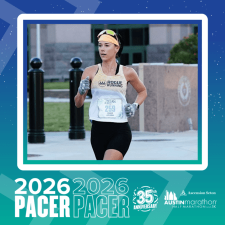 A female runner wearing a yellow headband, black tank top, and race bib 259 runs with the Pacer Group during the Austin Marathon. The image promotes the 2026 event and celebrates its 35th anniversary. Austin Marathon Half Marathon & 5K