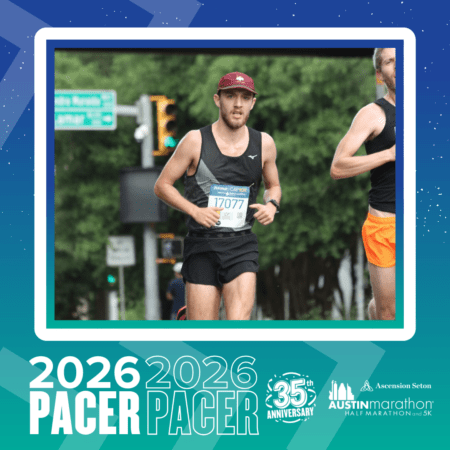A male runner wearing a maroon cap and black athletic gear runs in a race with bib number 17077, representing the Pacer Group. The image features