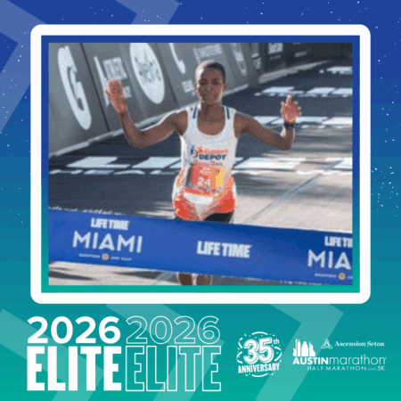 A runner crosses the finish line at a race, arms raised in victory. The blue banner reads