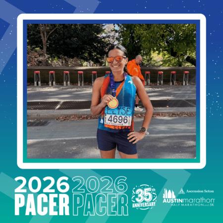 A smiling runner from the Pacer Group, wearing sunglasses, a blue sleeveless top, and bib 4696 stands outdoors holding a finisher's medal. The image reads
