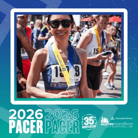 A smiling woman wearing sunglasses and a race bib holds a medal at the marathon finish line, celebrating with her Pacer Group. Other runners with medals are nearby. Text reads