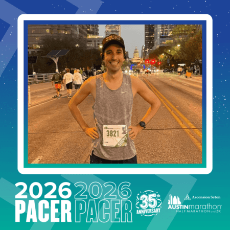 A smiling runner in a tank top and cap stands on a city street with a race bib (3821), representing the Pacer Group. The background features other runners and city lights. Text reads: