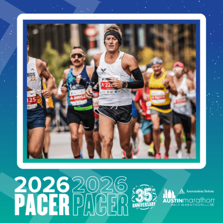 A Pacer Group leads a determined pack of runners in the marathon, guided by a focused male pacer in a white tank top and headband. Text on the image reads