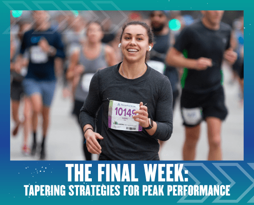 A woman with a race bib runs and smiles during a marathon, surrounded by other runners. The text at the bottom reads: "THE FINAL WEEK: Tapering strategies to achieve peak performance. Austin Marathon Half Marathon & 5K