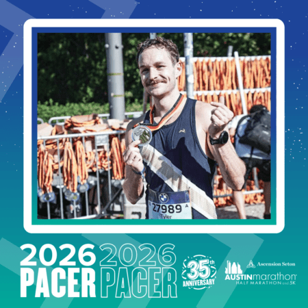 A smiling runner wearing a race bib and holding a medal poses at the finish line among hanging medals, celebrating with the Pacer Group. Text at the bottom reads