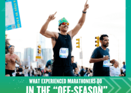 A smiling runner wearing sunglasses and a green headband raises both arms in celebration during a race, surrounded by other participants. Text below reads: "What experienced marathoners do in the off-season. Austin Marathon Half Marathon & 5K