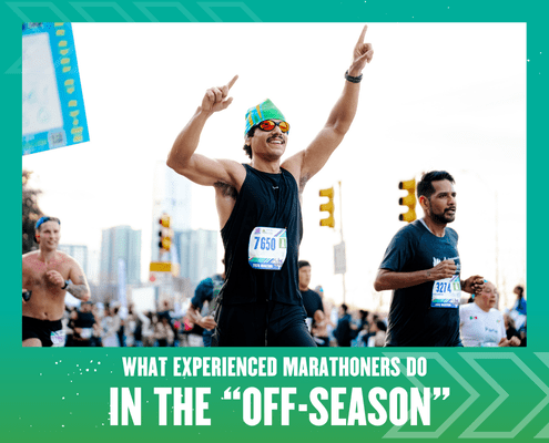 A smiling runner wearing sunglasses and a green headband raises both arms in celebration during a race, surrounded by other participants. Text below reads: "What experienced marathoners do in the off-season. Austin Marathon Half Marathon & 5K
