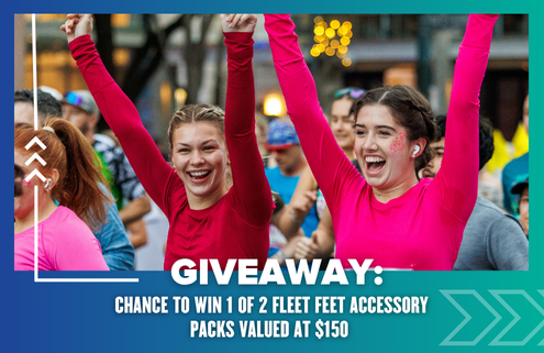 Two women in bright pink shirts cheer with arms raised among a crowd at an outdoor event. Text reads: "GIVEAWAY: Chance to win 1 of 2 Fleet Feet accessory packs valued at $150—enter now using the template provided!. Austin Marathon Half Marathon & 5K