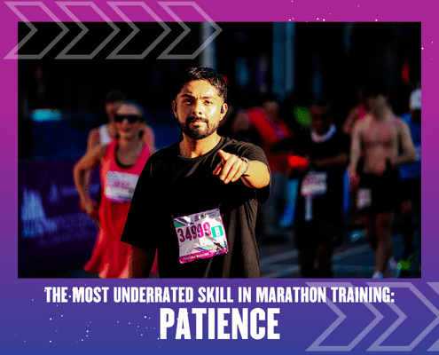 A marathon runner in a black shirt and race bib 34999 points toward the camera, surrounded by fellow runners on a city street. Text reads: "The most underrated skill in marathon training: Patience. Austin Marathon Half Marathon & 5K