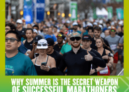 A large group of marathon runners, some wearing sunglasses and hats, run outdoors. One man in front gives a thumbs-up. The text below reads, "Why summer marathon training is the secret weapon of successful marathoners. Austin Marathon Half Marathon & 5K