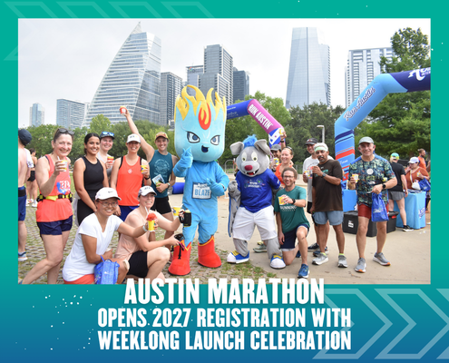 A group of smiling people, two mascots, and a city skyline in the background celebrate outdoors. Large text reads: "Austin Marathon 2027 Registration Kicks Off with a Weeklong Launch Celebration. Austin Marathon Half Marathon & 5K