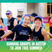 Two smiling runners at Austin group run