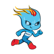 Cartoon character with blue skin, fiery yellow and red hair, wearing a blue suit with red boots and a "BLAZE" name tag, dashes forward energetically, exuding confidence as if racing to complete registration. Austin Marathon Half Marathon & 5K Cartoon character with blue skin, fiery yellow and red hair, wearing a blue suit with red boots and a "BLAZE" name tag, dashes forward energetically, exuding confidence as if racing to complete registration. Austin Marathon Half Marathon & 5K