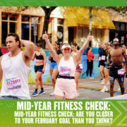 Runners participate in a race, with a smiling woman in the center giving two thumbs up. The text reads: “MID-YEAR FITNESS CHECK: Are you closer to your February fitness goal than you think?”. Austin Marathon Half Marathon & 5K