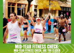 Runners participate in a race, with a smiling woman in the center giving two thumbs up. The text reads: “MID-YEAR FITNESS CHECK: Are you closer to your February fitness goal than you think?”. Austin Marathon Half Marathon & 5K
