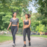 Two women wearing athletic clothing are smiling and walking together on a park path, enjoying an Austin recovery day surrounded by green trees and grass as they recharge under the sunny sky. Austin Marathon Half Marathon & 5K