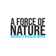 Black text reads "A FORCE OF NATURE" with "NATURE" in bold. Below, blue text says "NATURALLY ALKALINE WATER." The background is light gray, making this the perfect display for proud sponsors of natural wellness. Austin Marathon Half Marathon & 5K