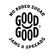Black logo for Good Good jams and spreads. The text reads "No added sugar" above, "GOOD GOOD" with a smiley face, and "Jams & Spreads" below, all on a light background—perfect for sponsors seeking healthy options. Austin Marathon Half Marathon & 5K