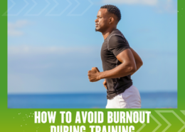 A man in athletic clothing jogs outdoors near the ocean under a clear sky. The image is framed in green, with the text "Burnout Prevention: How to Avoid Burnout During Training" at the bottom. Austin Marathon Half Marathon & 5K