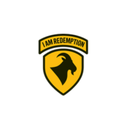 A yellow shield with a black goat head silhouette and a banner above that reads "I AM REDEMPTION." The design, which suggests strength and support from sponsors, is centered on a light gray background. Austin Marathon Half Marathon & 5K