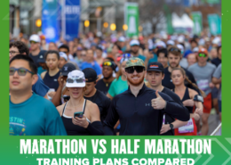 A large group of runners wearing athletic gear participate in a race. A man in the center smiles and gives a thumbs up. The text reads: "Marathon vs Half Marathon: Training Plans Compared—find the best marathon training for you. Austin Marathon Half Marathon & 5K