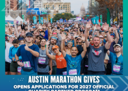A large, diverse group of smiling marathon runners poses at the starting line in Austin. Text reads: “Austin Marathon Gives Opens Applications for 2027 Charity Partner Program.”. Austin Marathon Half Marathon & 5K