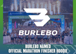 A large crowd of runners gathers at the Austin Marathon start line, with the BURLEBO logo proudly displayed alongside text announcing BURLEBO as the official Marathon Finisher Hoodie for the 2027 Austin Marathon. Austin Marathon Half Marathon & 5K
