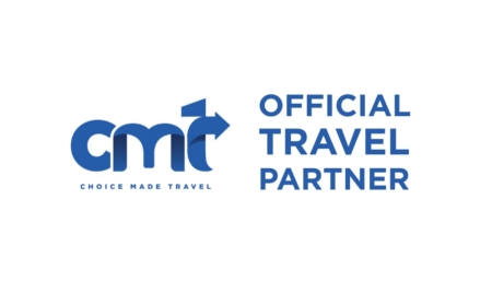Logo for “Choice Made Travel” with the letters “cmt” and an arrow above the “t,” next to the text “Official Travel Partner” in blue on a white background. Ideal for showcasing your status as an Austin Marathon official hotel partner or highlighting exclusive Austin Marathon hotel deals through Austin Marathon HotelPlanner. Austin Marathon Half Marathon & 5K