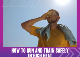 Man in a yellow shirt with a towel over his shoulder shades his eyes from the sun under a clear sky. Text reads: “How to run and train safely in high heat — essential running safety tips.”. Austin Marathon Half Marathon & 5K