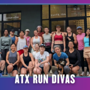 Group of women runners, some with dogs, pose and smile outside a building with large windows in South Austin. They wear athletic gear. The text “ATX RUN DIVAS” is at the bottom, framed by a purple border and bat silhouettes in the corners—capturing the energy of their group run during Rise and Run. Austin Marathon Half Marathon & 5K