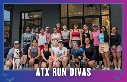 Group of women runners, some with dogs, pose and smile outside a building with large windows in South Austin. They wear athletic gear. The text “ATX RUN DIVAS” is at the bottom, framed by a purple border and bat silhouettes in the corners—capturing the energy of their group run during Rise and Run. Austin Marathon Half Marathon & 5K