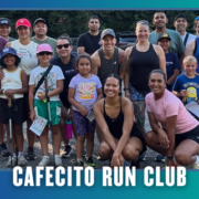 A diverse group of adults and children pose together outdoors in South Austin, smiling and wearing athletic clothing and hats after a lively group run. The text “CAFECITO RUN CLUB” is at the bottom. Small bat graphics appear in the image borders, adding a playful touch that celebrates this Rise and Run tradition. Austin Marathon Half Marathon & 5K