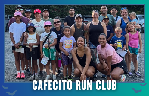 A diverse group of adults and children pose together outdoors in South Austin, smiling and wearing athletic clothing and hats after a lively group run. The text “CAFECITO RUN CLUB” is at the bottom. Small bat graphics appear in the image borders, adding a playful touch that celebrates this Rise and Run tradition. Austin Marathon Half Marathon & 5K
