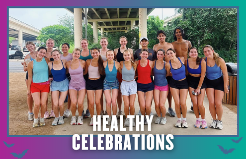 A group of young adults in athletic wear smile and pose together outdoors under a bridge during a Group Run, with the words “Healthy Celebrations” across the bottom. Trees and an overpass are in the background, marking a vibrant start to KickOff Week. Austin Marathon Half Marathon & 5K