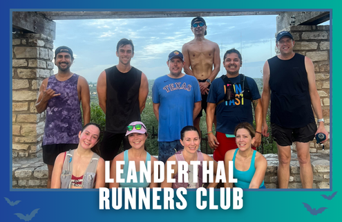 Nine sweaty runners, smiling and posing under a stone arch with greenery behind them after a spirited group run. Most are wearing running gear and hats. The words “LEANDERTHAL RUNNERS CLUB” appear at the bottom, with a blue border and bat silhouettes, capturing the energetic spirit of Austin’s running community. Austin Marathon Half Marathon & 5K