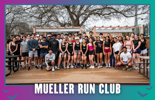A large group of people in athletic wear pose together on a wooden deck outdoors, smiling. Trees and pergolas are in the background. Text at the bottom reads “Mueller Run Club – KickOff Week Group Run.”. Austin Marathon Half Marathon & 5K