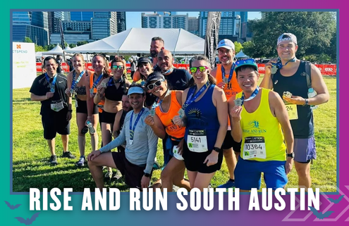 A diverse group of runners poses outdoors with medals, smiling after a Group Run. Tall city buildings and a white event tent are in the background. Text at the bottom reads: “RISE AND RUN SOUTH AUSTIN.”. Austin Marathon Half Marathon & 5K